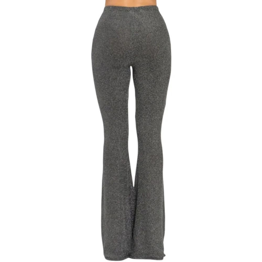 Lurex Flared Long Pants Bell Bottom Silver Gray Glitter Knit Jersey - Picture 2 of 13